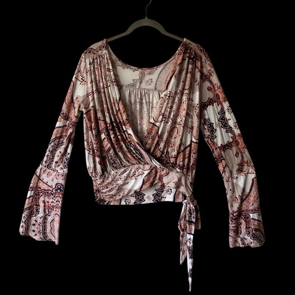 Free People ASO Fiona Bell Surplice Paisley Bohemian Sleeve Wrap Top Blouse SZ M - Picture 8 of 12